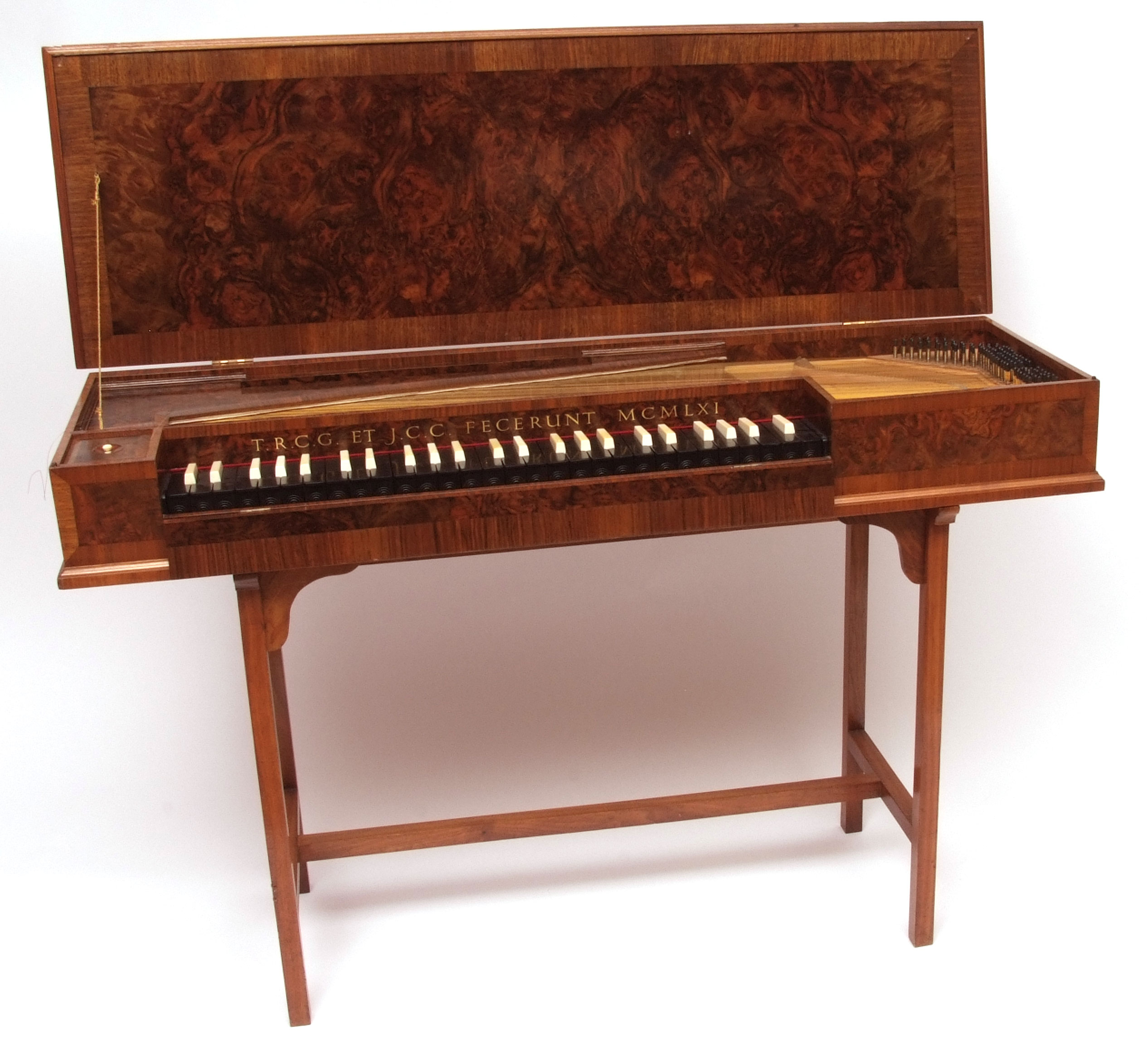 Thomas Goff & J C Cobby clavichord, dated 1961, Burr Walnut and Cross Banded case, pierced Brass