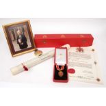 Red leather cased illuminated Proclamation on Vellum to Sir Malcolm Arnold of Springfields in the