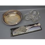 Silver plated boxed and etched blade cake knife together with a pressed glass clover formed dish and