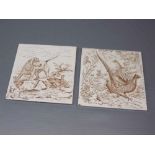 Pair of Victorian printed tiles,one with cock and hen pheasant,the other with gun dog and grouse,