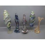 Group of five Murano glass fish,one modelled as a spill vase as a palm tree with fish underneath,