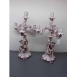 Pair of 19th century decorative German pink and white porcelain four-light candelabra,mounted with