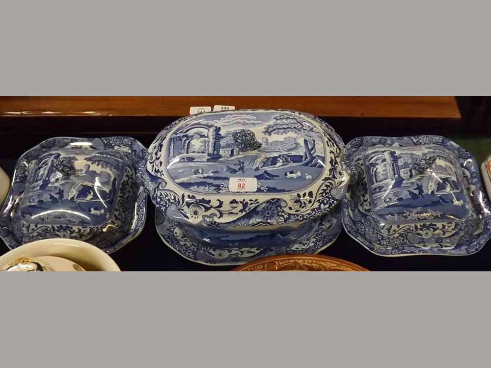 Pair of Spode Italian tureens,of square form with blue and white printed designs,together with a