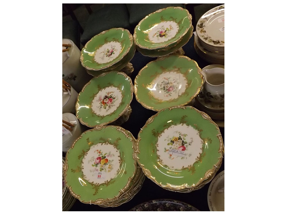 Mid-19th century Coalport-type bone china dessert service,hand painted floral centres,apple green