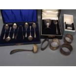 Cased set of six silver teaspoons and sugar tongs,together with a boxed egg cup and spoon,small