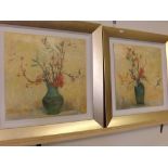 After C Rowan,signed pair of processed coloured prints to board,Studies of flowers in green vases,