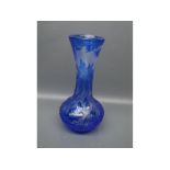 Early 20th century cameo glass vase,heavily cut pattern of flowers and leaves in blue,to a frosted