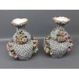 Pair of Continental double gourd vases,heavily encrusted with flowers,shaped neck,printed mark '