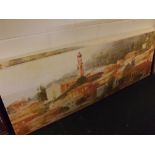Large pair of prints on canvas,Italian town and country scene,23 x 68ins,unframed (2)