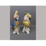 Pair of 20th century German porcelain models of cockatoos,printed in colours and perched on a