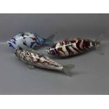 Group of three 20th century Murano glass fish with multi-coloured decoration,largest 14ins long