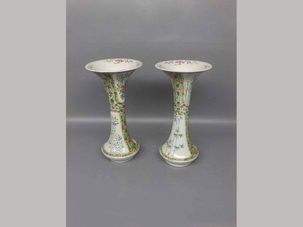 Pair of famille vert trumpet vases with a foliage design,bamboo style panels,5ins wide x 10ins high