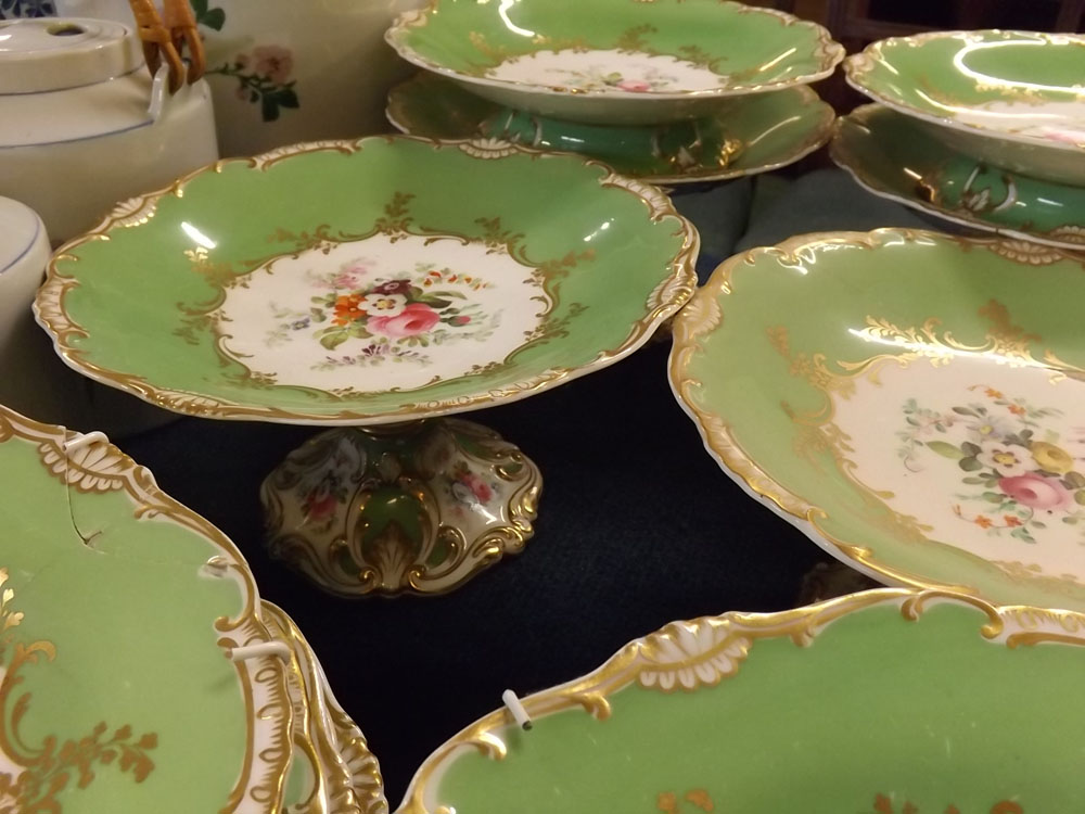 Mid-19th century Coalport-type bone china dessert service,hand painted floral centres,apple green - Image 2 of 2