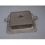 Liberty style pewter rectangular butter dish and lid,with impressed stylised figure to side with