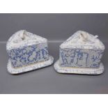 Pair of late Victorian blue and white printed wedge-shaped cheese dishes,with raised detail to lid