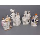 Group of four 19th century Staffordshire flat back figure groups,with various damage throughout,