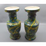 Pair of early late 19th century/20th century Oriental vases with green ground and raised relief,