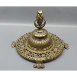 Good quality Victorian brass circular inkwell with mounted wise owl with pierced surround with