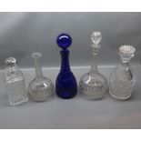 20th century Bristol Blue decanter with a twisted ribbed raised relief and matching ball stopper,