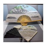 Mixed Lot: assorted bone and Ivorine fans to include a painted brise fan (a/f),a lace work fan,large