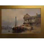 After Paul Marny,early 20th century chromolithograph,Figures and boat before buildings,6 1/2 x 9 1/