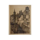 Indistinctly signed to margin,limited edition black and white etching (72/300),Bruges,13 x 9ins