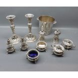 Group of mixed silver plated wares: modern salt and pepper,six piece cruet set made by Robert & Belk