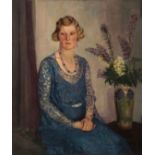 *M GARDNER MCCLEAN (20TH CENTURY, BRITISH) Portrait of a seated woman in blue oil on canvas,