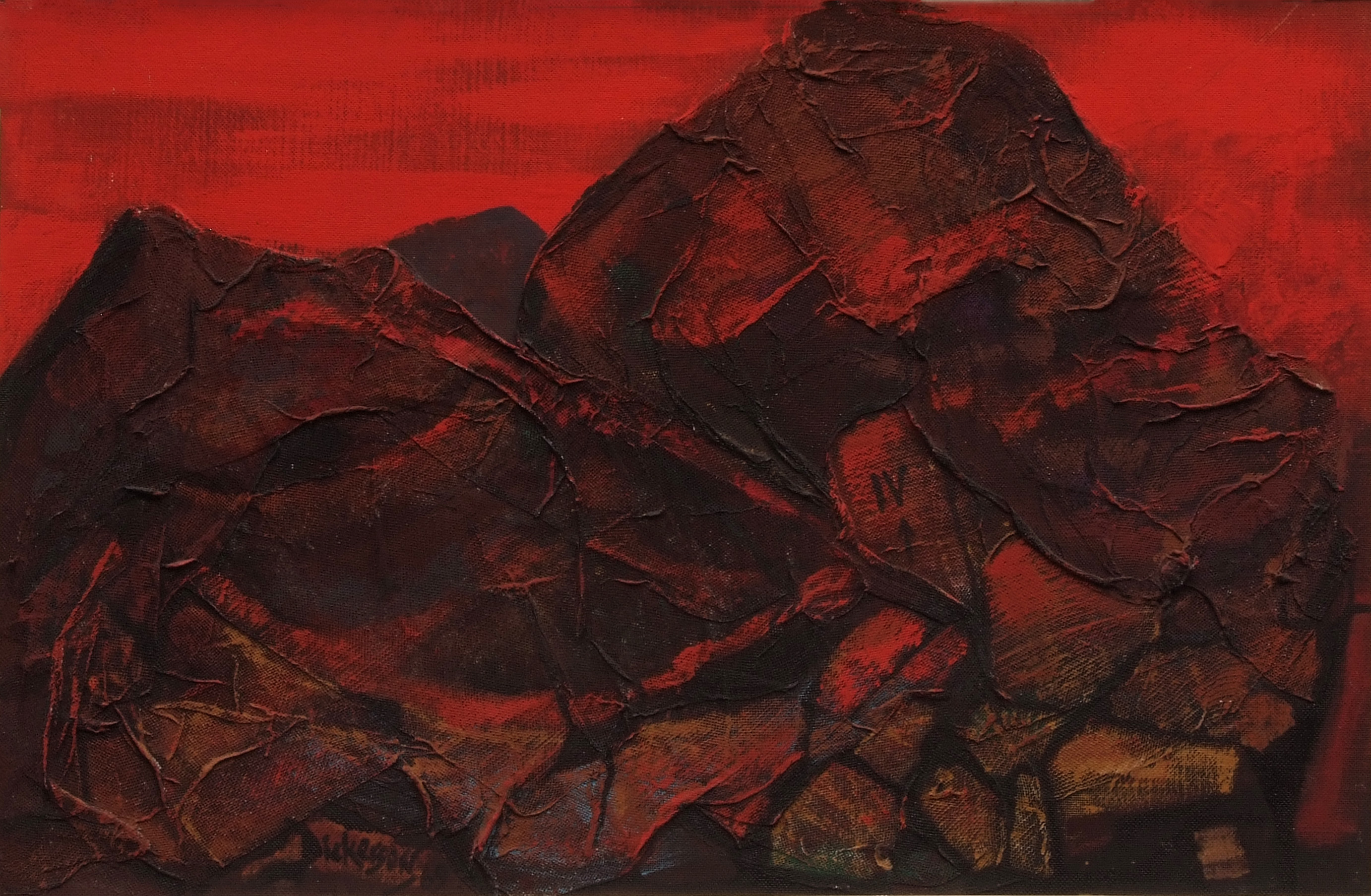 *DICKERSON (20TH CENTURY, BRITISH) Red Centre oil and mixed media on board, signed and dated 69