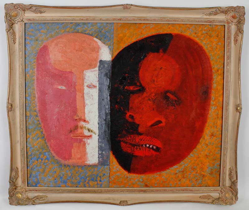 * AUDREY CRUDDAS (1912-1979, BRITISH) Masks oil on canvas, signed stretcher verso 19 x 23 ins