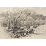 *ROBERT LEMAN (1799-1863, BRITISH) Rocky river landscapes pencil and charcoal drawing