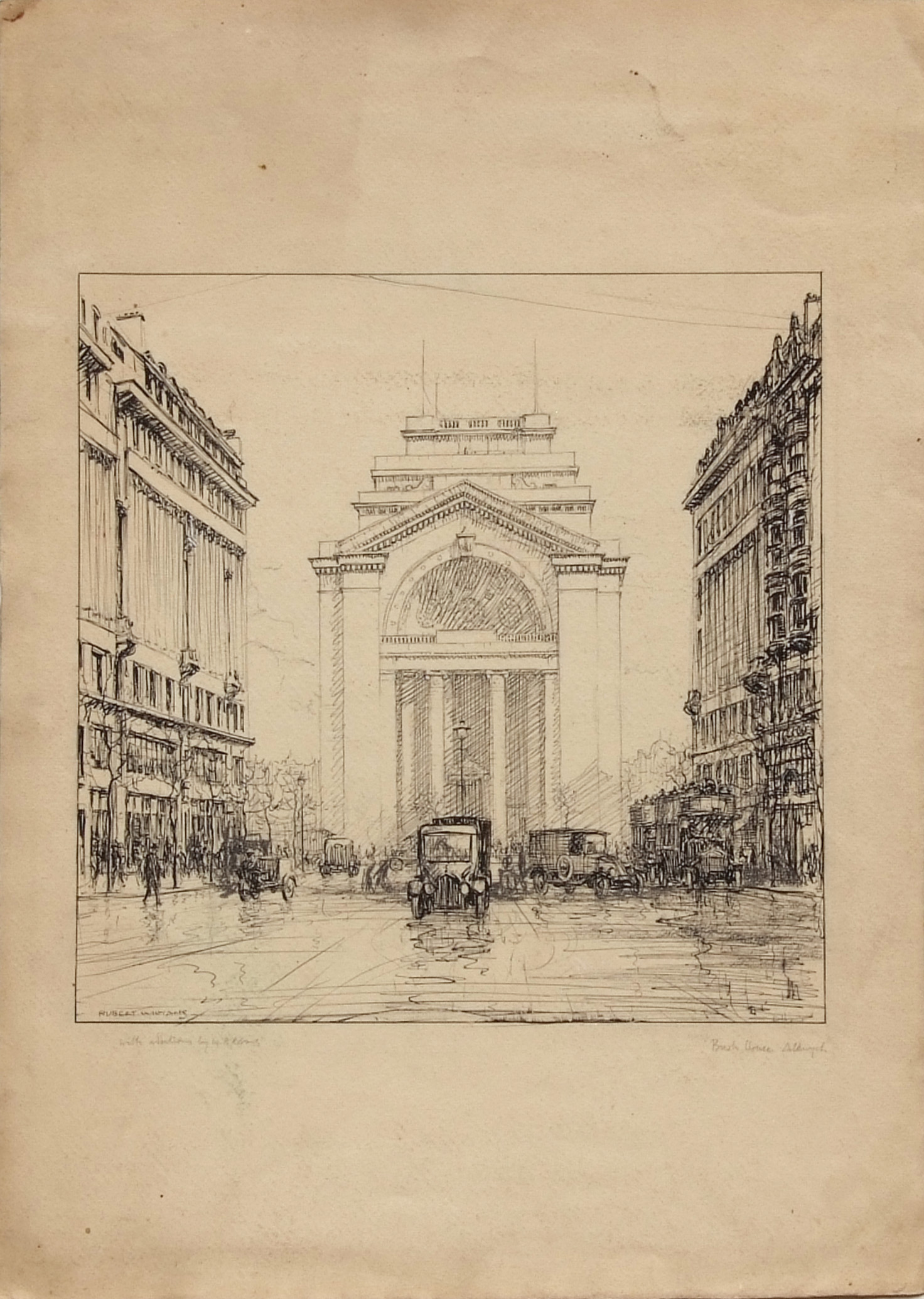 *HUBERT WILLIAMS (1905-1989, BRITISH) Bush House, Aldwych pencil, pen and ink drawing, signed