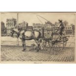 *J W WARD (20TH CENTURY, BRITISH) Horse and trap and figure by railings two black and white