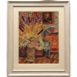 *MARGAITA SOKOLOVA (20TH CENTURY) Still life study of flowers in a vase, cat etc watercolour and