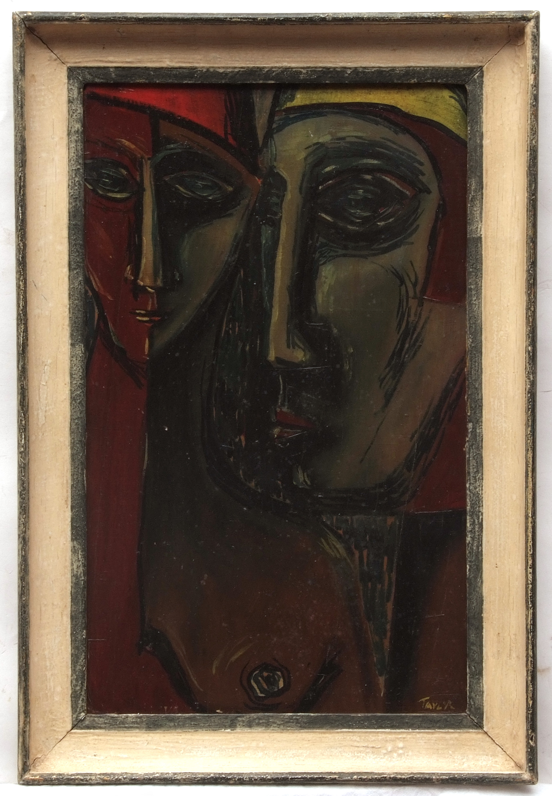 *TAYLOR (20TH CENTURY, BRITISH) Abstract heads oil on panel, signed lower right 20 x 12ins