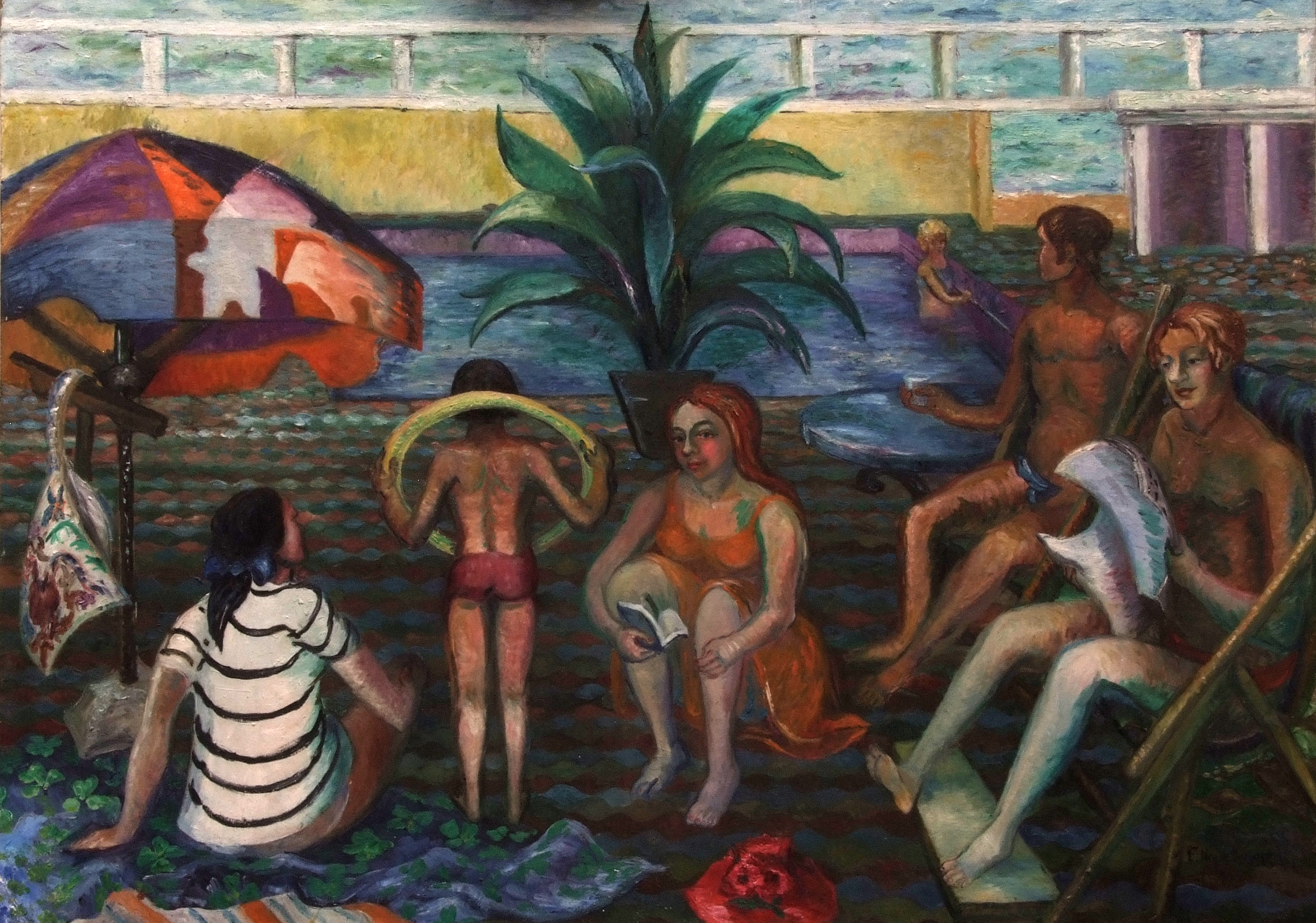 *ELEANOR HOPE HENDERSON, SSA (1917-2006, SCOTTISH) Figures by a swimming pool oil on board, signed