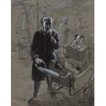 *WALTON (20TH CENTURY, BRITISH) Market trader with pram pen, ink and wash, signed and dated 1955