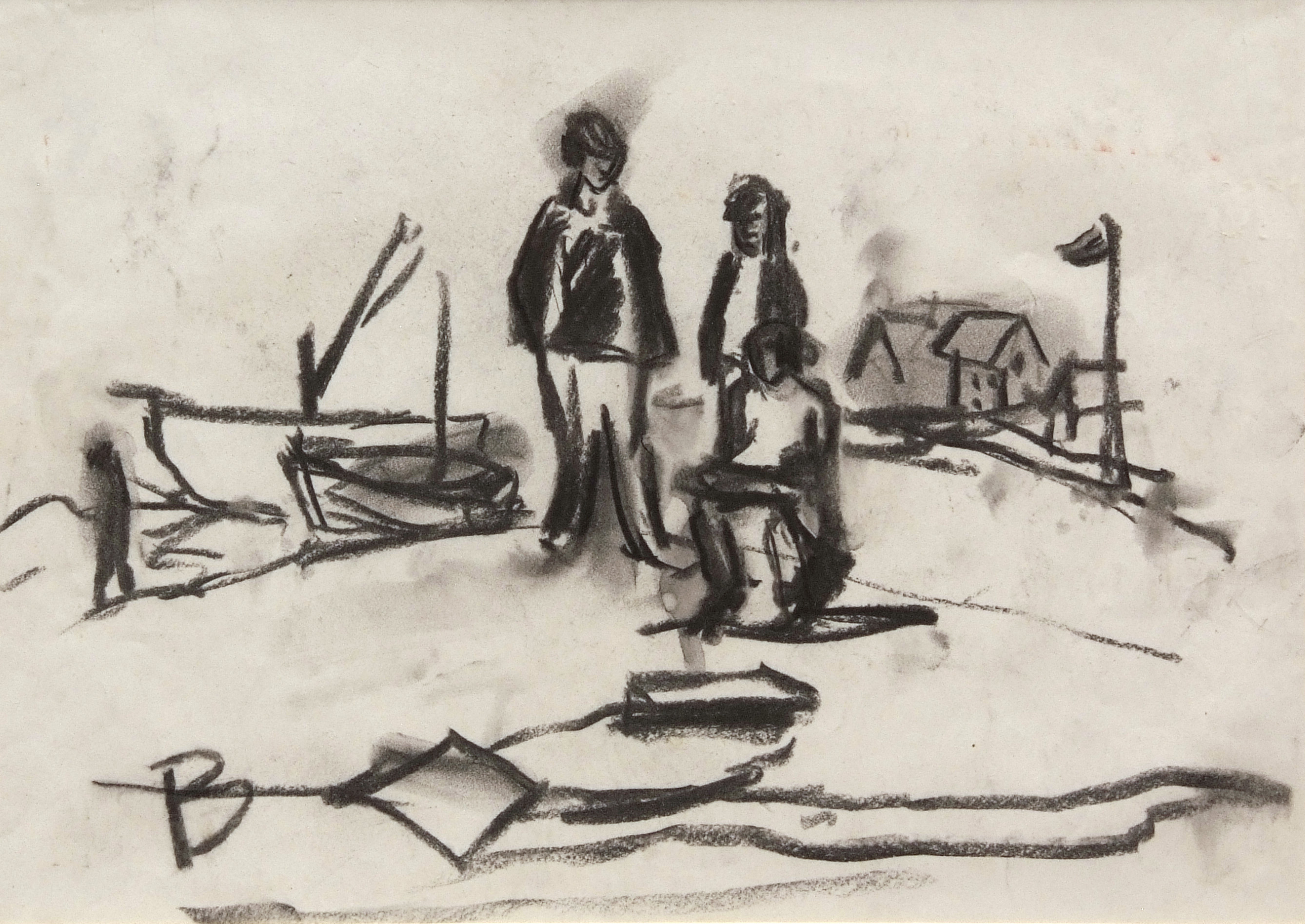 *EILEEN BELL (1907-2005, BRITISH) Out for a stroll charcoal drawing, monogrammed lower left 7 x 15