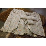 Two pairs of blue ground William Morris stylised curtains with floral lozenges and coral