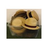 Box containing various hats to include two straw boaters, bowler hat, vintage silk top hats and