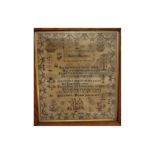 19th century satinwood framed sampler, by Elizabeth Hipper July 10th 1854, 18 1/2 ins wide x 20ins