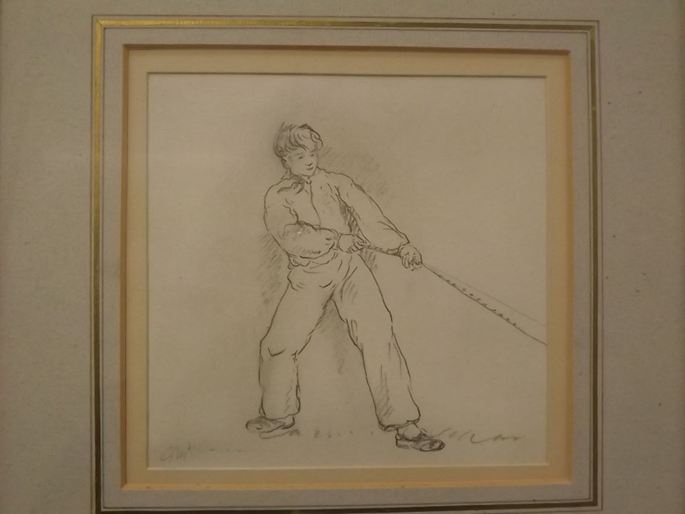 G M, initialled pencil drawing, Figure pulling a rope, 6 x 6 1/2 ins