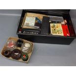 Tin box containing various fountain pens, large quantity of boxed pen nibs, silver plated inkwell,