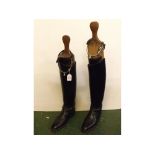 Pair of vintage black leather riding boots together with wooden trees and stirrups (4)