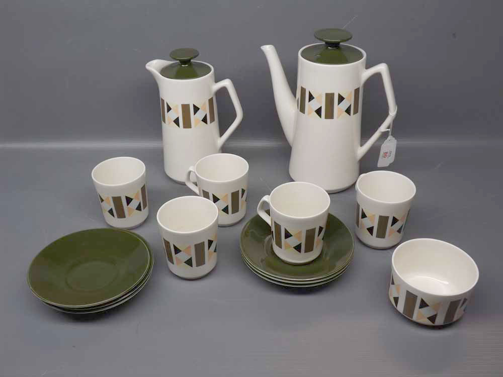 Group of Metric by Beswick part coffee wares with geometric design, comprising a coffee pot, hot