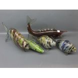 Group of five 20th century Murano glass fish of varying sizes, one with raised tail, largest 14ins