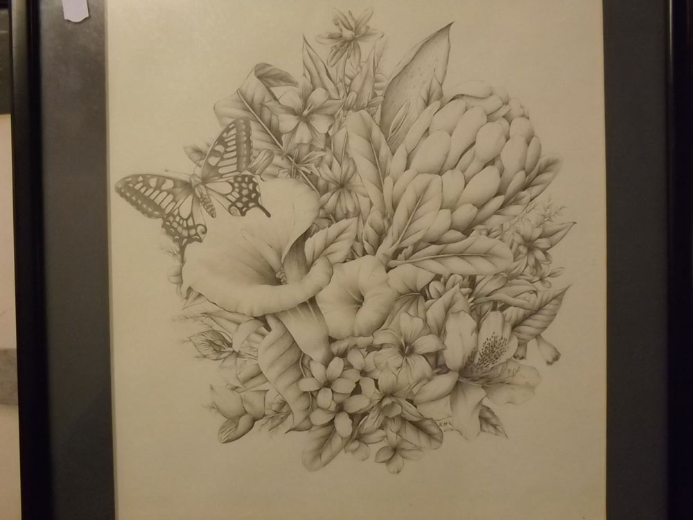 Kenneth Harmer, initialled and dated 4/1/90, pencil drawing, Butterfly amongst wild flowers, 11 x