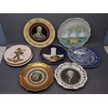 Quantity of eight various wall hanging plates to include a Johnson's Bros Historic America blue