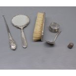 Quantity of mixed silver wares: clothes brush, silver-handled button hook, small hand mirror,