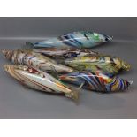 Group of five large 20th century Murano glass fish with multi-coloured marbled design, largest 19ins